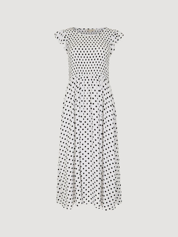 Polka Dot Smocked Midi Dress, White, large