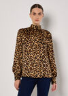 Leopard Print Satin Blouse, Brown, large