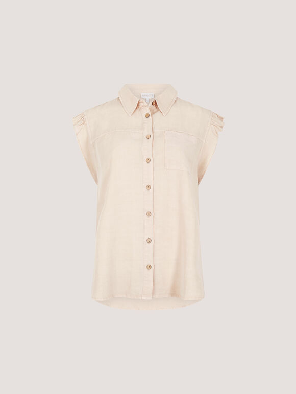 Ruffle Sleeve Soft Slub Blouse, Stone, large