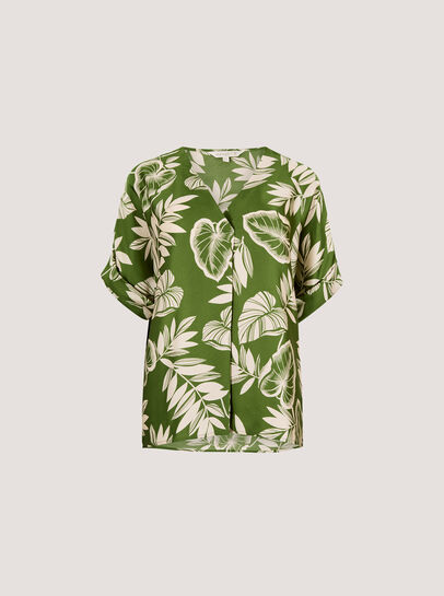 Tropical Leaf Print Satin T-Shirt