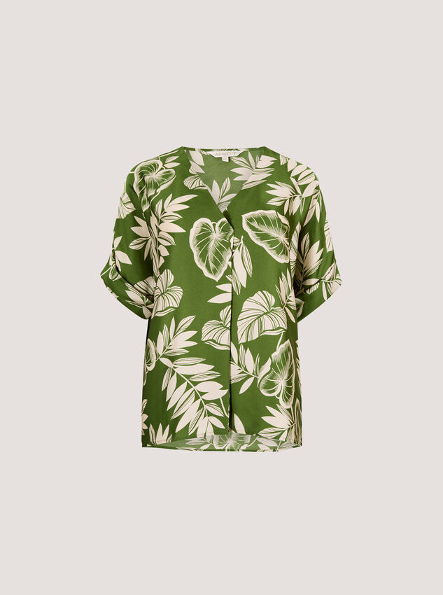 Tropical Leaf Print Satin T-Shirt, Green, large