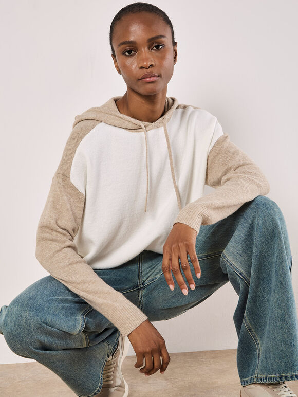 Colour Block Knitted Hoodie, Cream, large