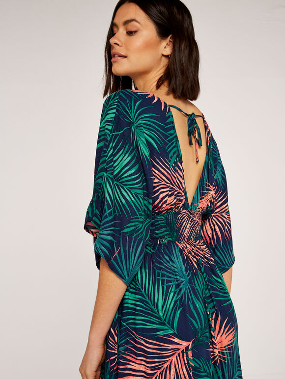 Tropical Leaf Maxi Dress, Navy, large