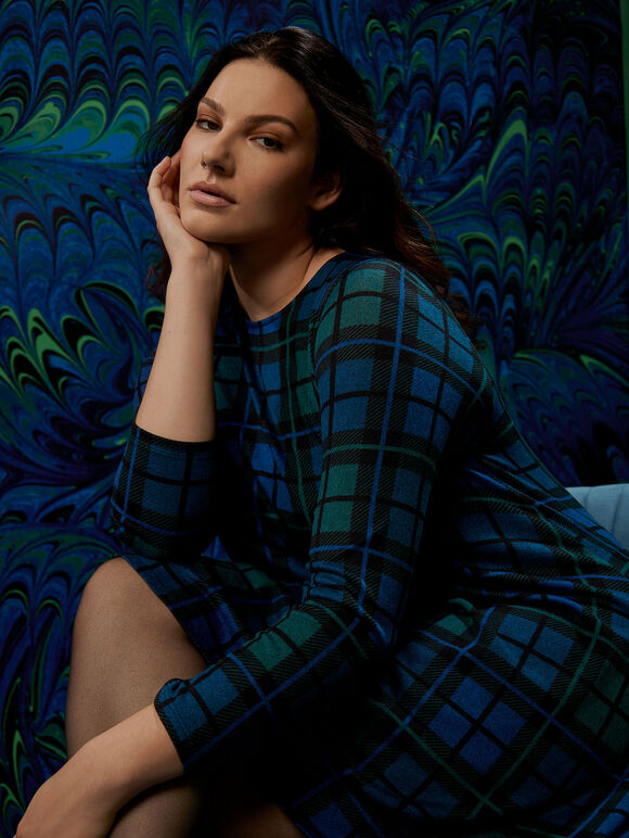 Curve Check Swing Mini Dress , Blue, large