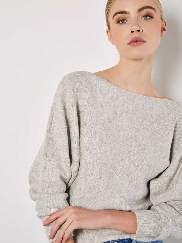 Boat Neck Batwing Jumper, Grey, large