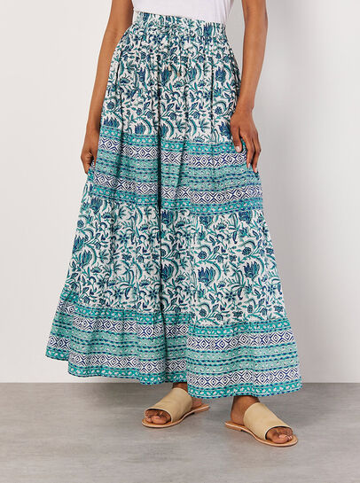 Floral Vine Cotton Tiered Maxi Skirt