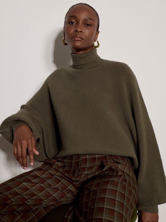 Ribbed Knit Batwing Cape Jumper, Khaki, large