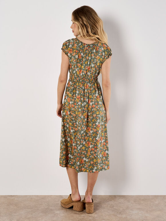 Ditsy Floral Print Milkmaid Midi Dress, Khaki, large