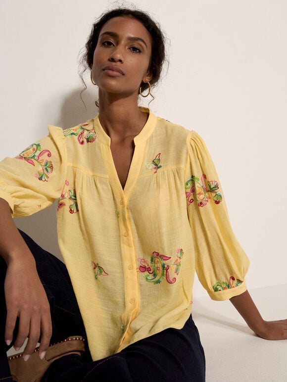 Floral Paisley Embroidered Blouse, Yellow, large