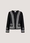 Soft Ribbed Knit Embroidered Cardigan, Black, large