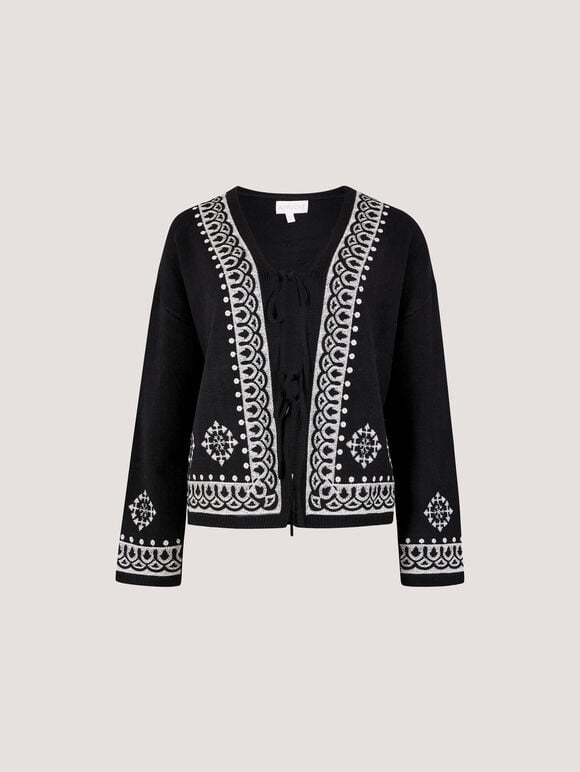 Soft Ribbed Knit Embroidered Cardigan, Black, large