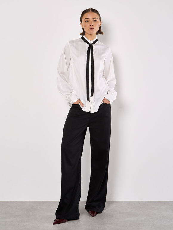 Bow Neck Ruffle Shirt, White, large