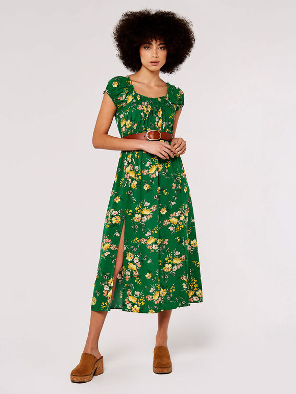 Floral Milkmaid Midi Dress, Green, large