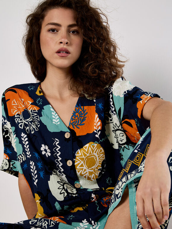 Colourful Sketch Print Top, Navy, large
