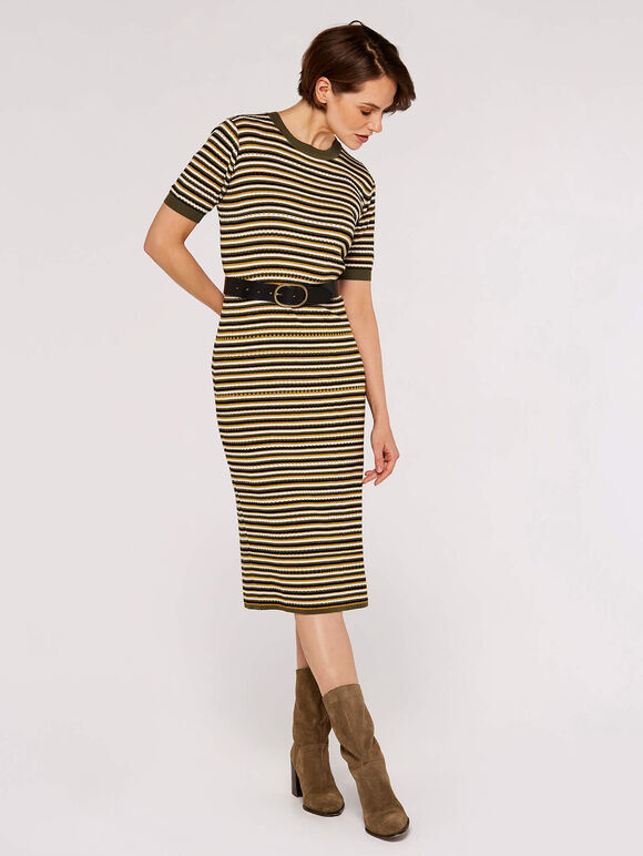 Stripe Knit Midi Dress, Khaki, large