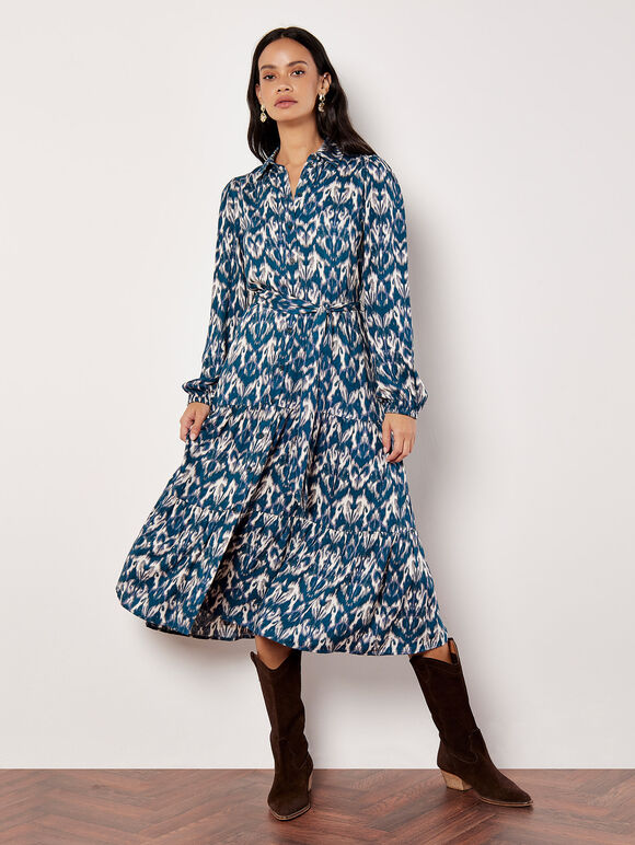 Ikat Tiered Shirt Midi Dress, Teal, large