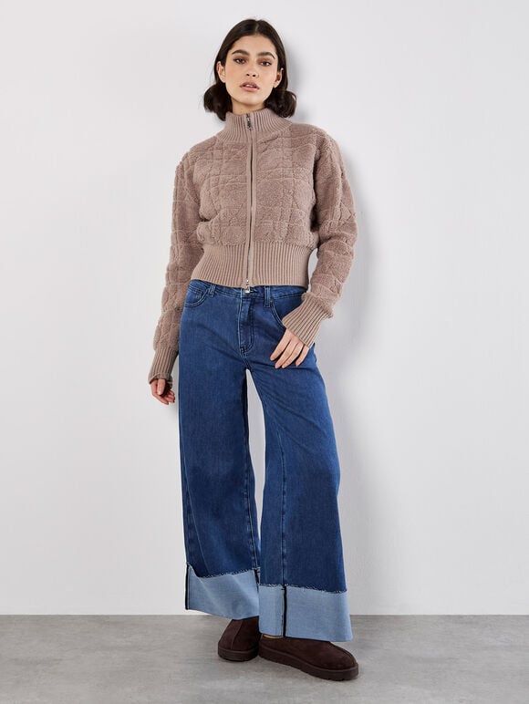 Boucle Knit Cropped Zip Cardigan, Brown, large