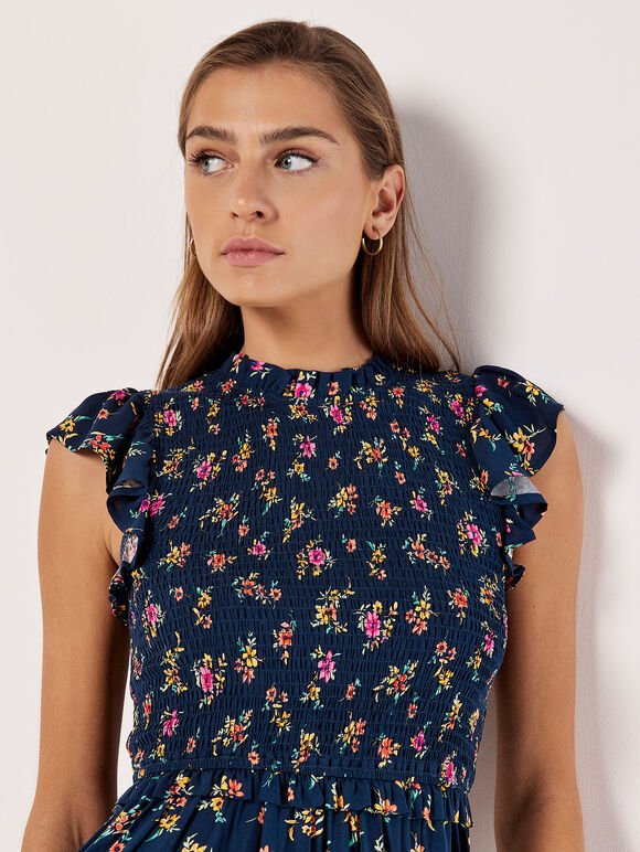 Floral Bunch Smocked Mini Dress, Navy, large