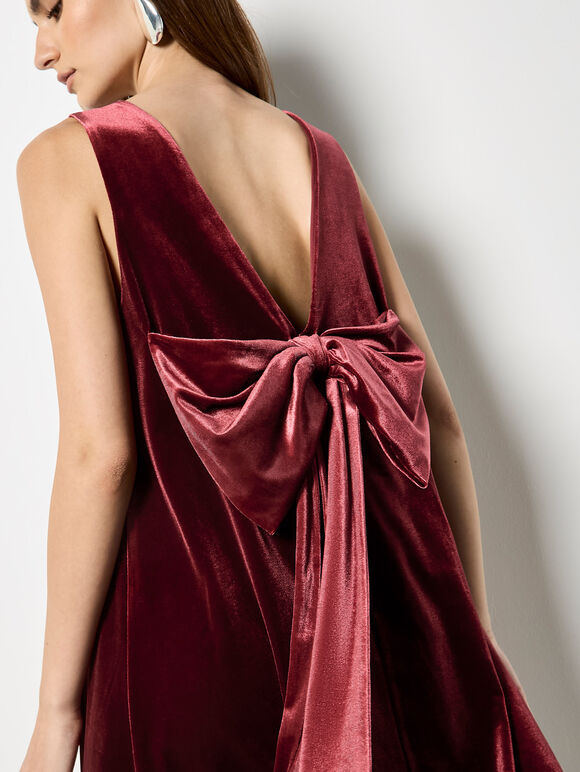 Velvet Bow Back Swing Dress, Burgundy, large