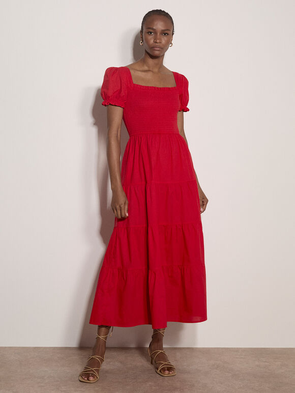 Cotton Tiered Milkmaid Midi Dress, Red, large