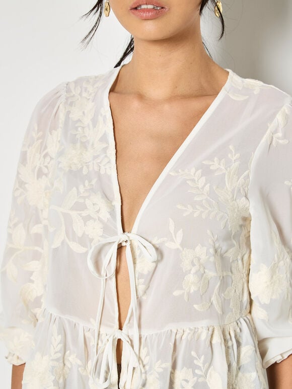 Embroidered Floral Chiffon Top, Cream, large