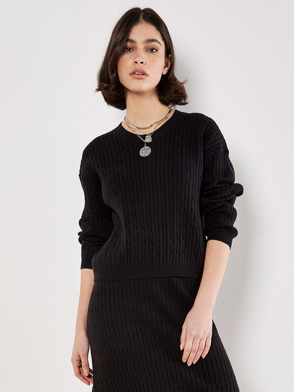 Fine Knit Cable Jumper, Black, large