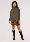 High-Low Mock Neck Chunky Jumper, Khaki, large
