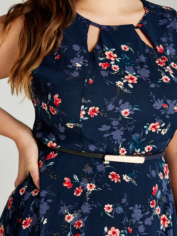 Painterly Floral Cut Out Neck Dress +, Navy, large