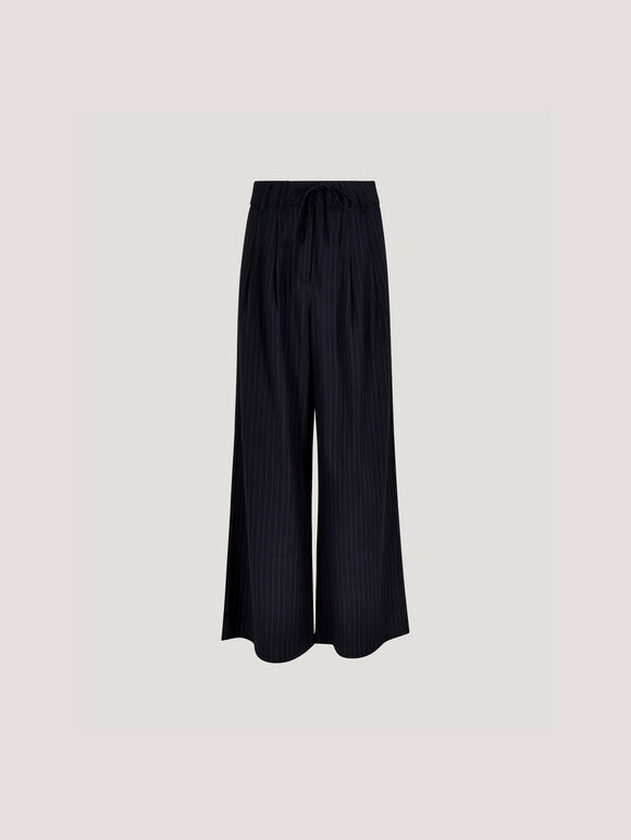 Pinstripe Wide Leg Tailored Trousers, Navy, large