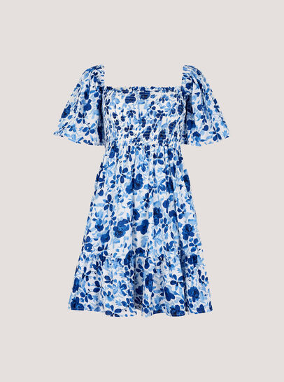 Smocked Cotton Floral Mini Dress