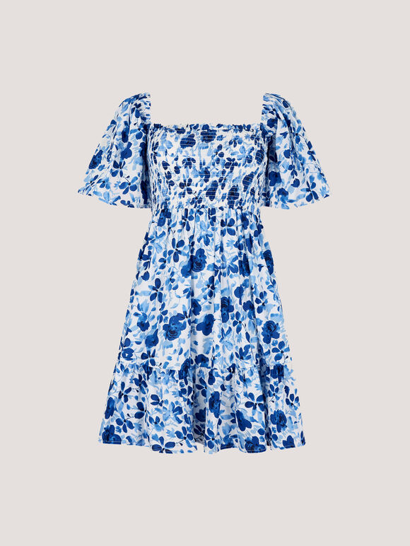 Smocked Cotton Floral Mini Dress, White, large