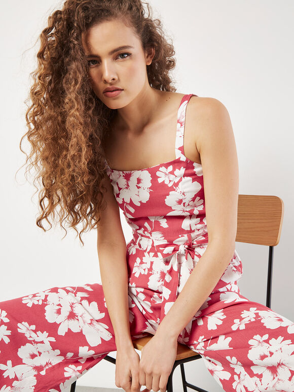 Floral Silhouette Wide-Leg Jumpsuit, Coral, large