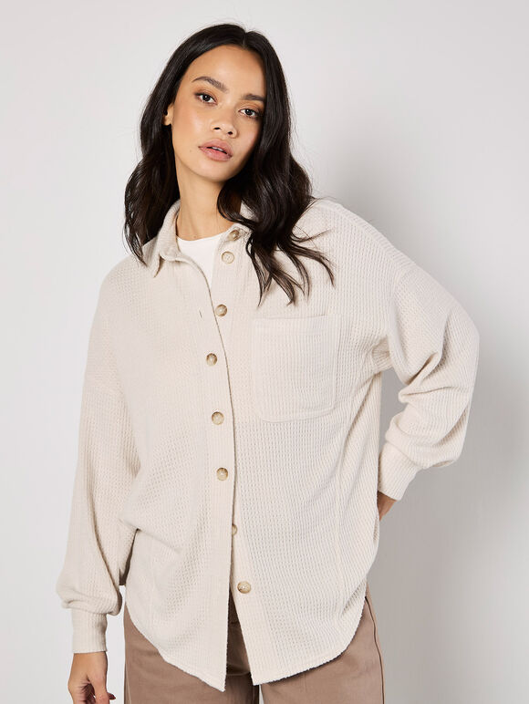 Oversized Waffle Knit Shirt, Stone, large
