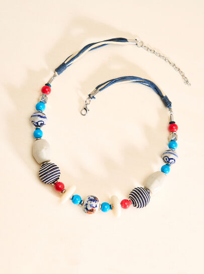 Blue And White Fabric Bead Necklace