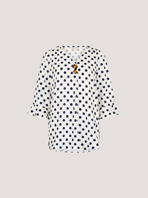 Polka Dot Bell Sleeve Blouse, White, large