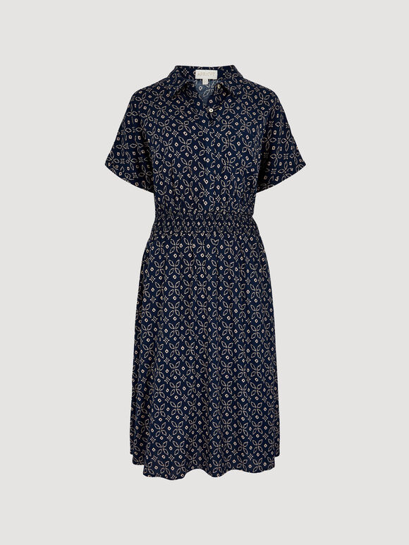 Batik Tile Shirt Midi Dress, Navy, large