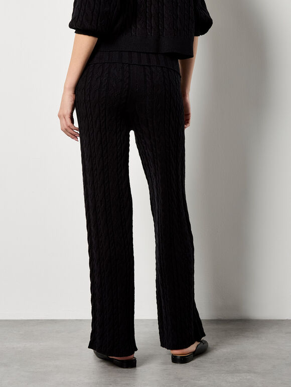 Twisted Cable Knit Wide Leg Trousers, Black, large