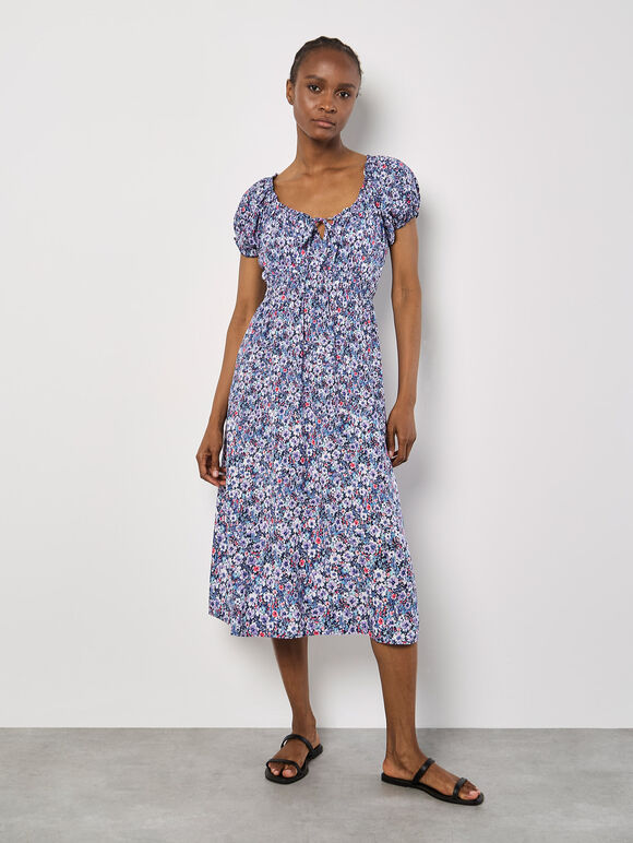 Watercolour Floral Milkmaid Midi Dress, Purple, large