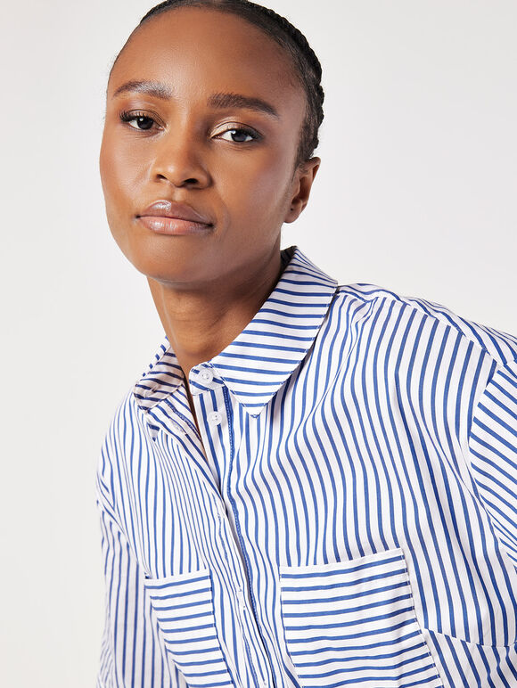 Cotton Blend Cropped Stripe Shirt, White, large