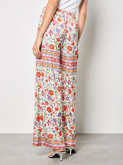 Floral Scarf Print Satin Wide-Leg Trousers