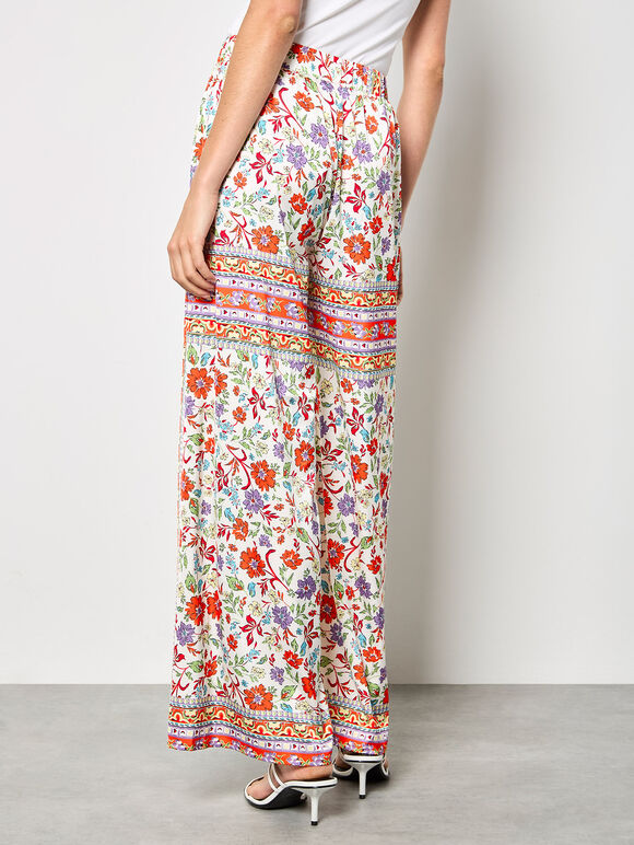 Floral Scarf Print Satin Wide-Leg Trousers, Orange, large