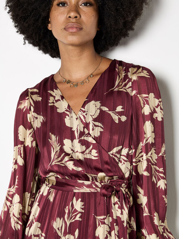 Satin Shimmer Floral Wrap Midaxi Dress, Burgundy, large