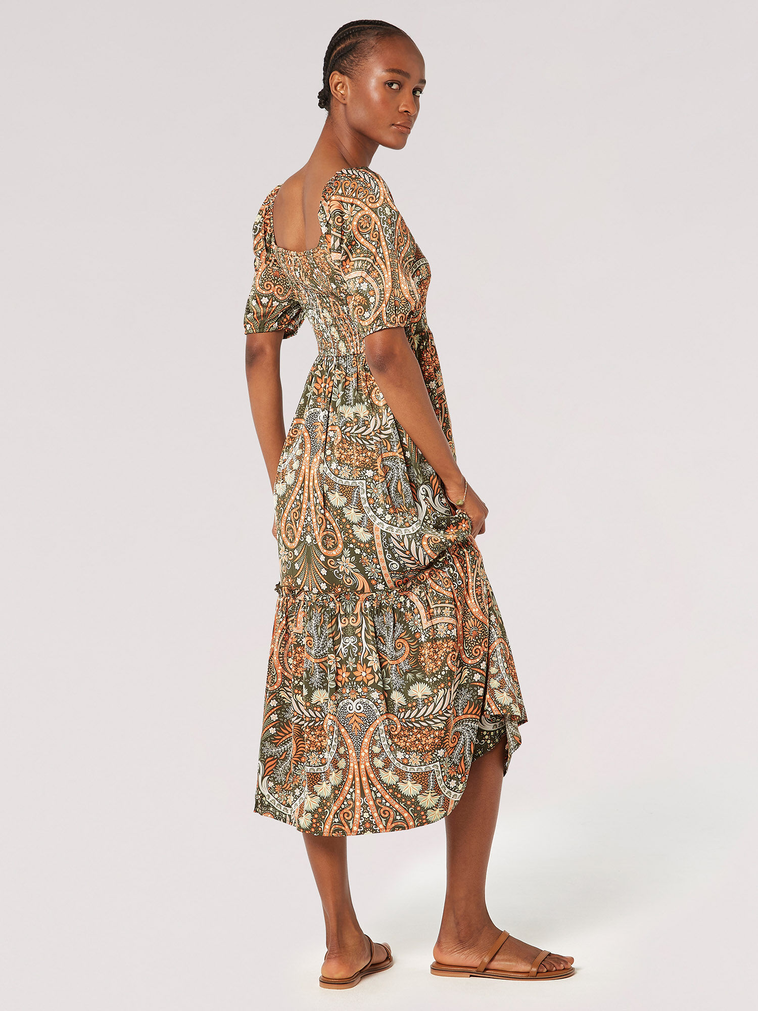Boho Floral Satin Midi Dress Apricot Clothing