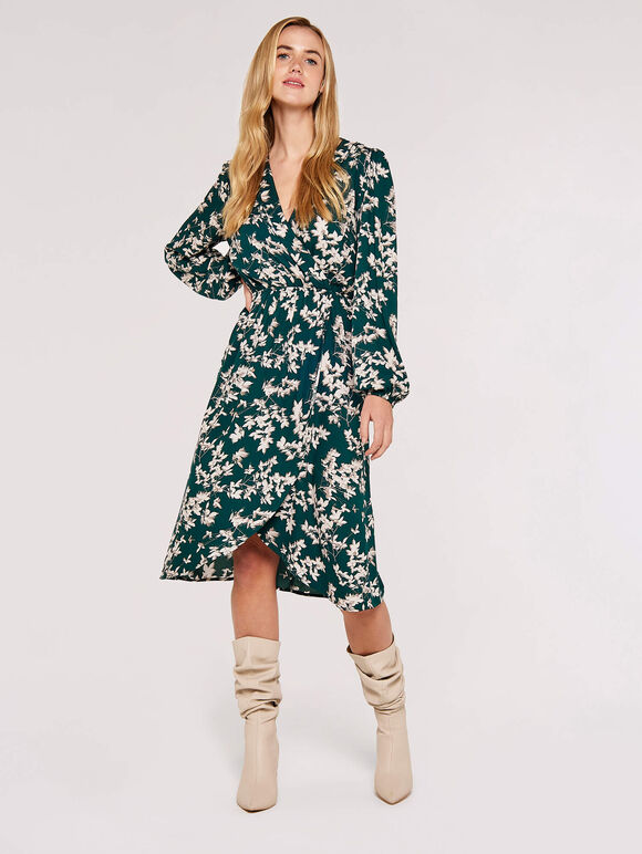 Stem Floral Wrap Dress, Green, large