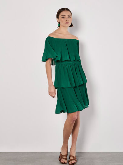 Plisse Tiered Bardot Mini Dress