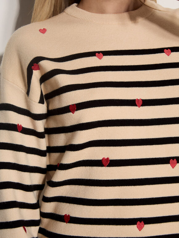 Heart Embroidered Stripe Jumper, Stone, large