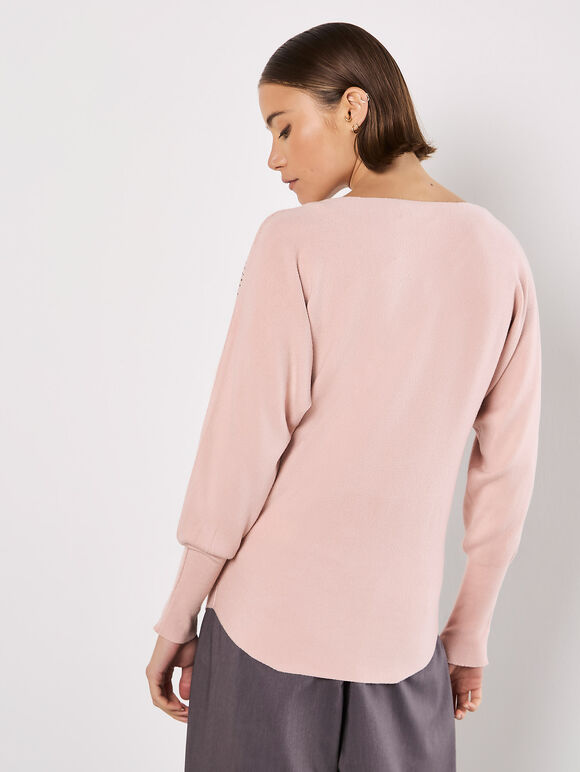 Batwing Sleeve Studded Jumper, Pink, large