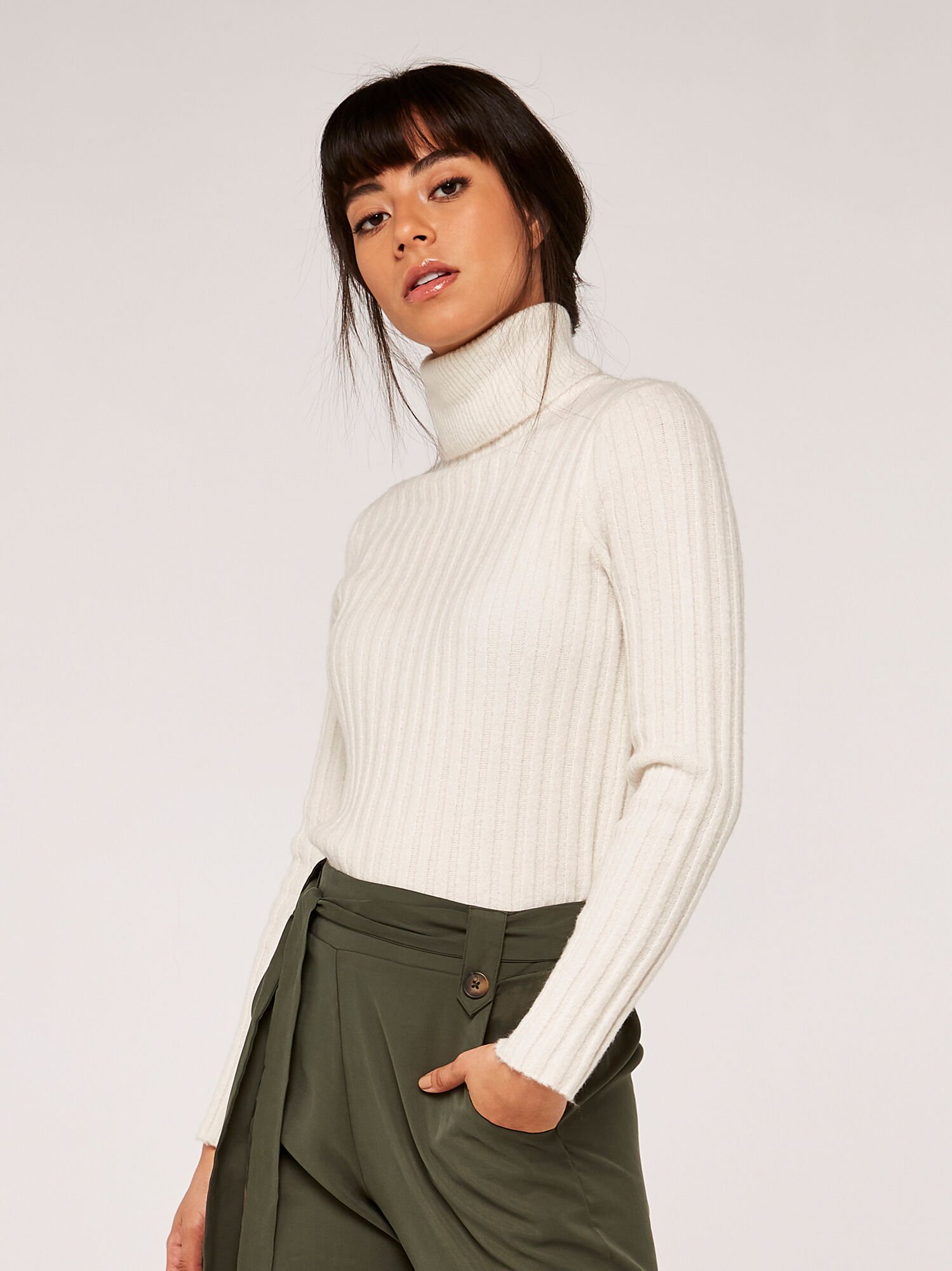 Ribbed Roll Neck Jumper Apricot Clothing