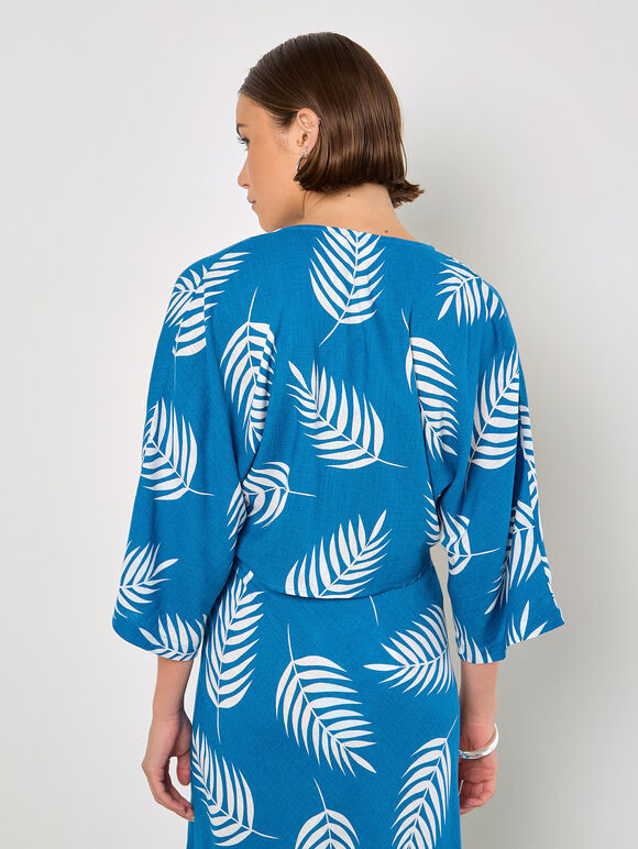 Tropical Leaf Tie Hem Crop Top, Blue, large
