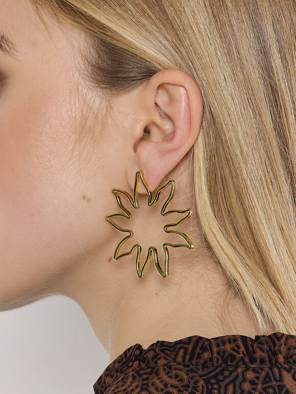 24K Gold Plated Flower Stud Earrings, Gold, large
